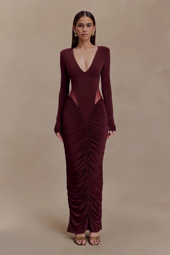 Louanne Slinky Long Sleeve Maxi Dress – Burgundy Louanne Slinky Long Sleeve Maxi Dress – Burgundy