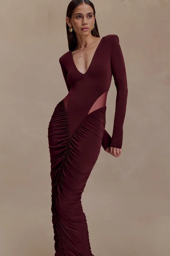 Louanne Slinky Long Sleeve Maxi Dress – Burgundy Louanne Slinky Long Sleeve Maxi Dress – Burgundy