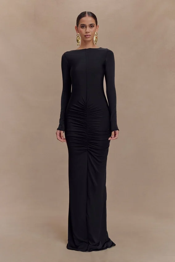 Louisa Long Sleeve Slinky Maxi Dress – Black Louisa Long Sleeve Slinky Maxi Dress – Black