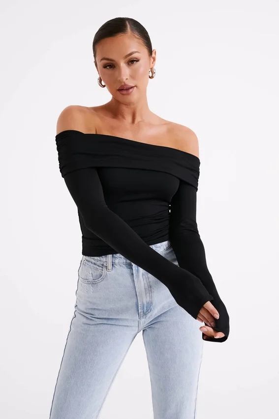 Lucinda Recycled Nylon Off Shoulder Top – Black Lucinda Recycled Nylon Off Shoulder Top – Black