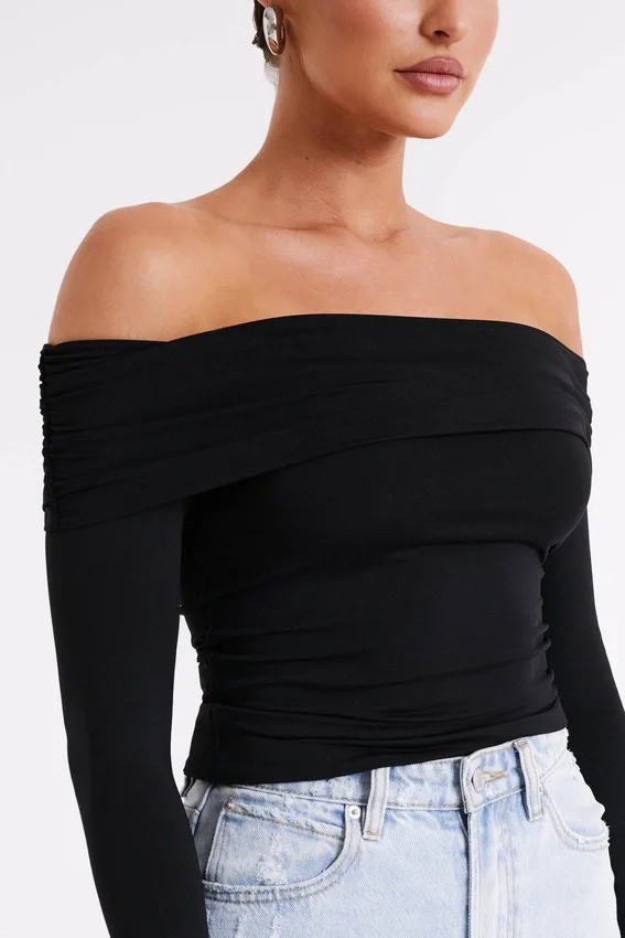 Lucinda Recycled Nylon Off Shoulder Top – Black Lucinda Recycled Nylon Off Shoulder Top – Black