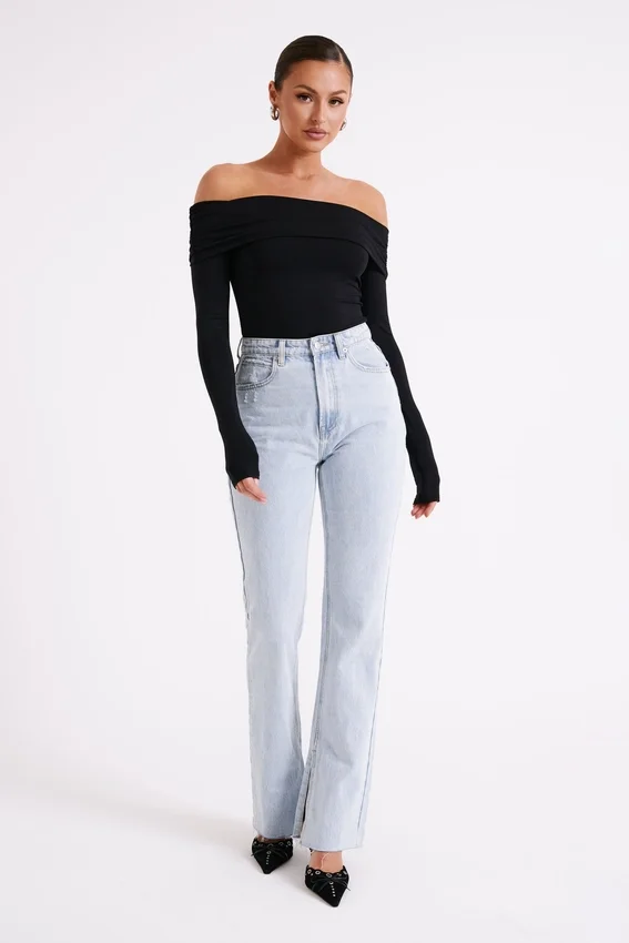 Lucinda Recycled Nylon Off Shoulder Top – Black Lucinda Recycled Nylon Off Shoulder Top – Black