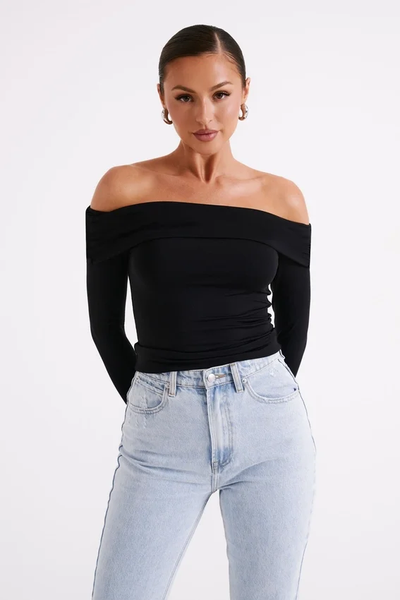 Lucinda Recycled Nylon Off Shoulder Top – Black Lucinda Recycled Nylon Off Shoulder Top – Black