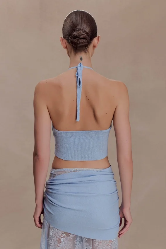 Lucy Lace And Knit Halter Top – Cornflower Blue Lucy Lace And Knit Halter Top – Cornflower Blue