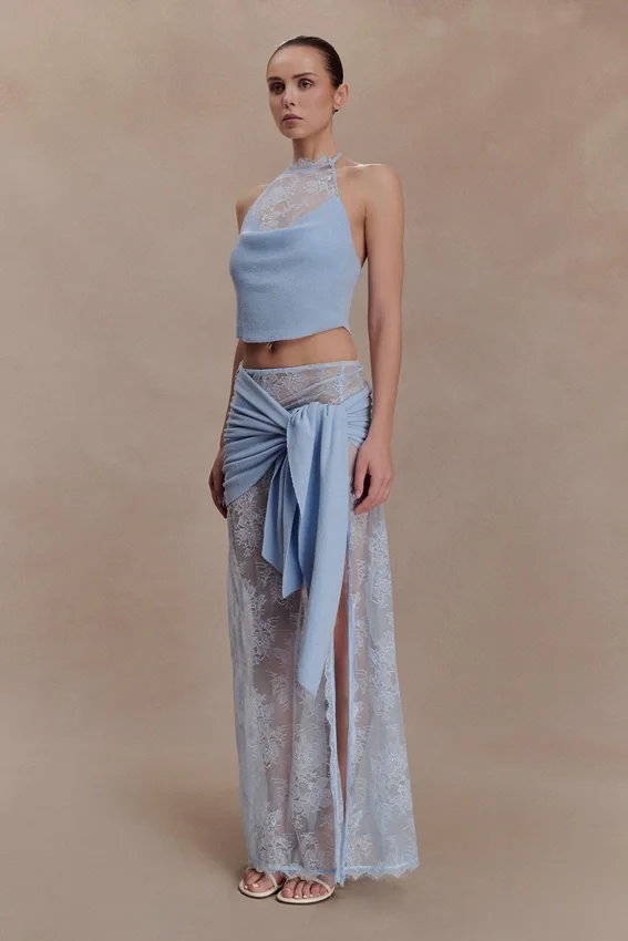 Lucy Lace And Knit Halter Top – Cornflower Blue Lucy Lace And Knit Halter Top – Cornflower Blue