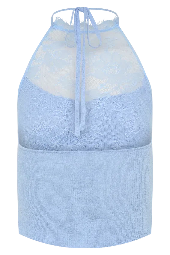 Lucy Lace And Knit Halter Top – Cornflower Blue Lucy Lace And Knit Halter Top – Cornflower Blue