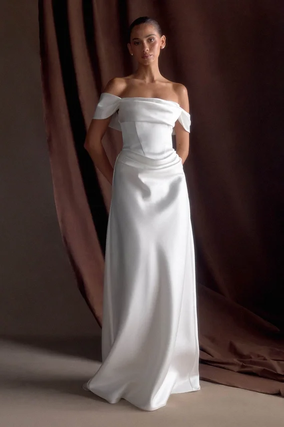 Luna Satin Off Shoulder Gown – White Luna Satin Off Shoulder Gown – White