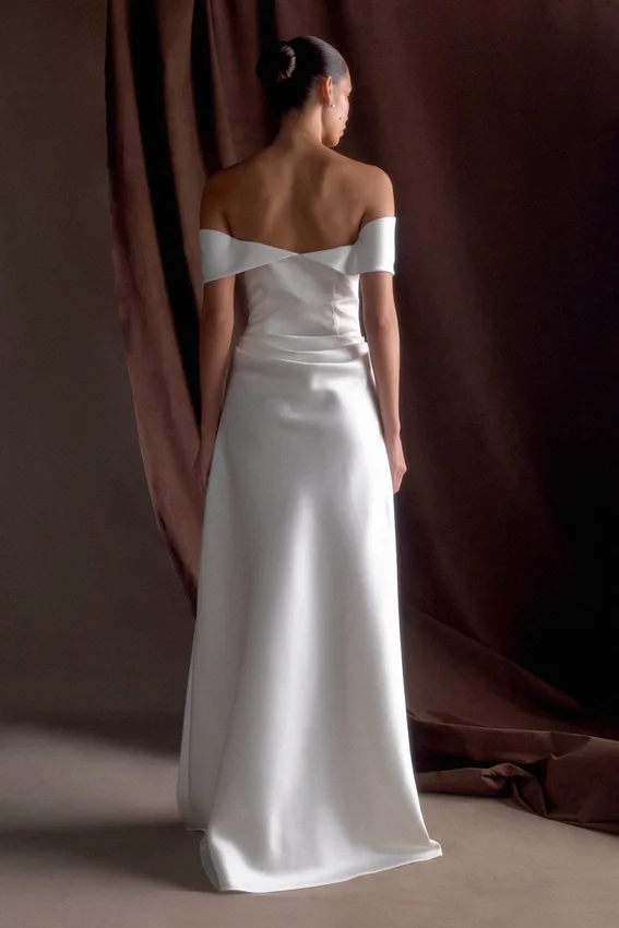 Luna Satin Off Shoulder Gown – White Luna Satin Off Shoulder Gown – White