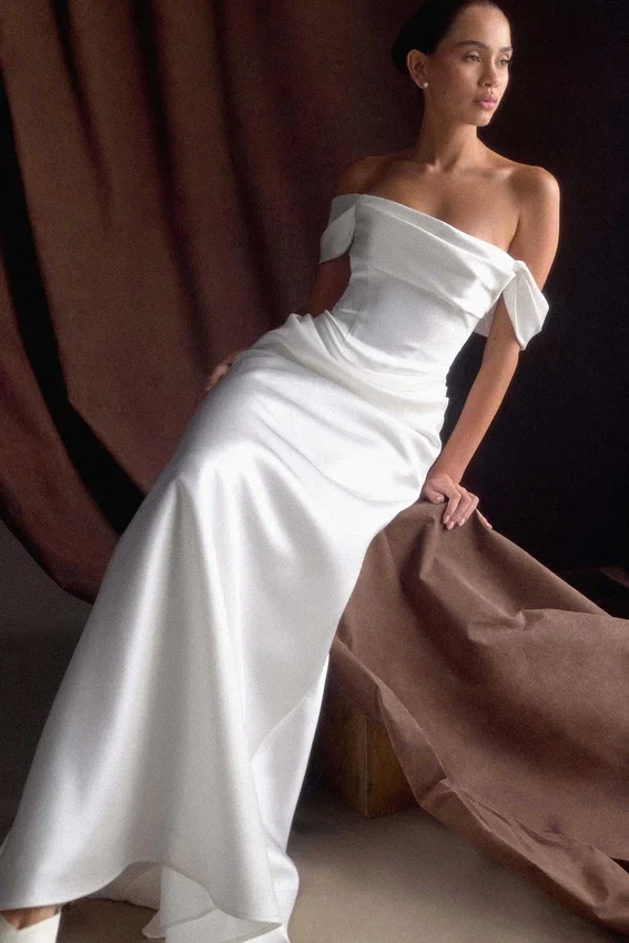 Luna Satin Off Shoulder Gown – White Luna Satin Off Shoulder Gown – White