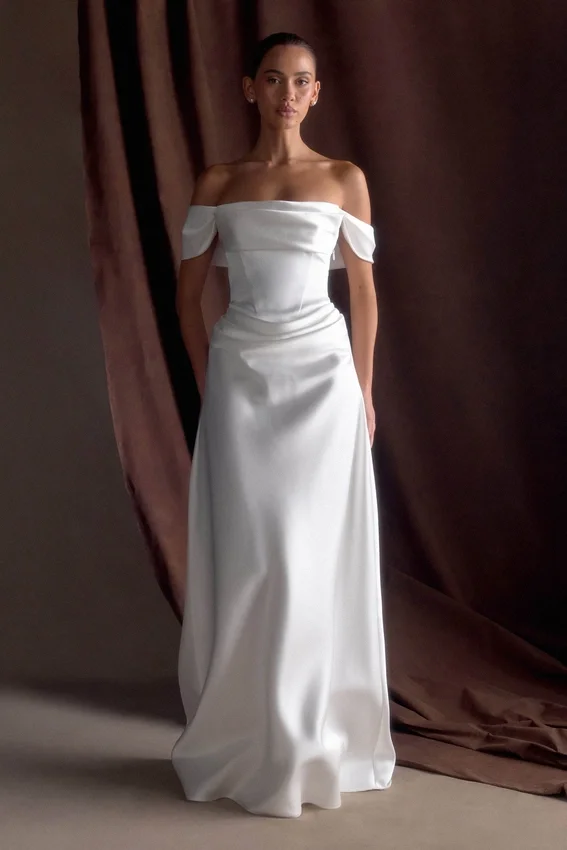 Luna Satin Off Shoulder Gown – White Luna Satin Off Shoulder Gown – White