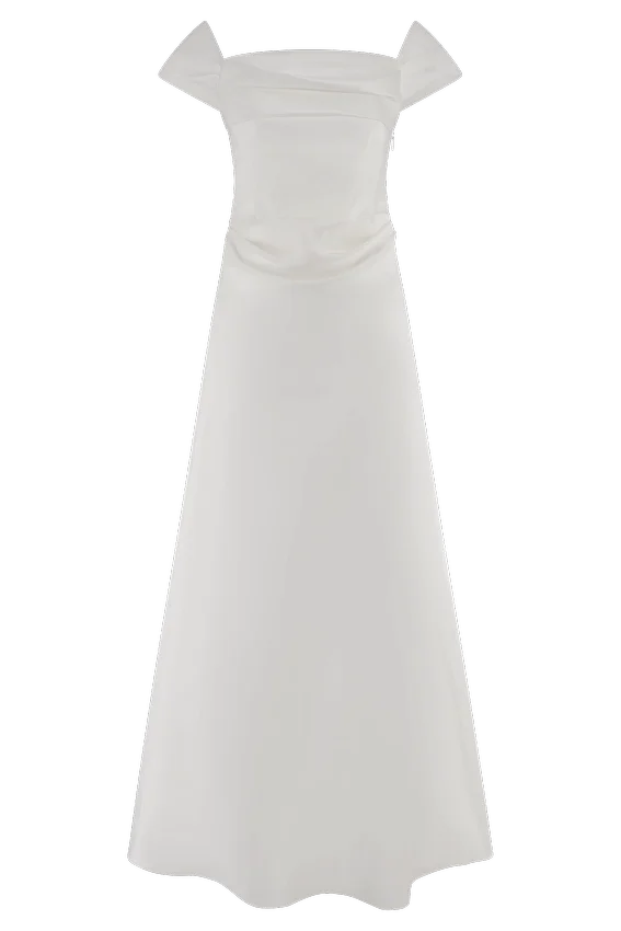 Luna Satin Off Shoulder Gown – White Luna Satin Off Shoulder Gown – White