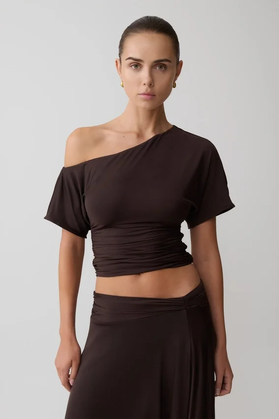 Luu Off Shoulder Slinky Top – Dark Chocolate Luu Off Shoulder Slinky Top – Dark Chocolate