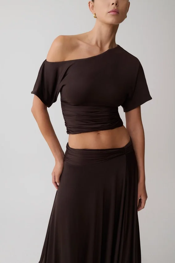 Luu Off Shoulder Slinky Top – Dark Chocolate Luu Off Shoulder Slinky Top – Dark Chocolate