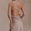 Lyla Asymmetrical Satin Maxi Dress – Bronze Taupe