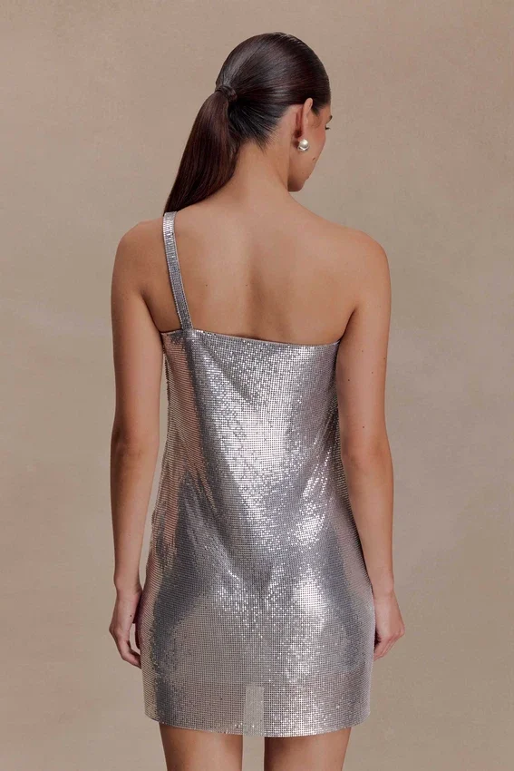 Lyle One Shoulder Glow Mesh Mini Dress – Silver Lyle One Shoulder Glow Mesh Mini Dress – Silver