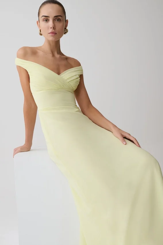 Mabel Off Shoulder Chiffon Maxi Dress – Lemon Mabel Off Shoulder Chiffon Maxi Dress – Lemon