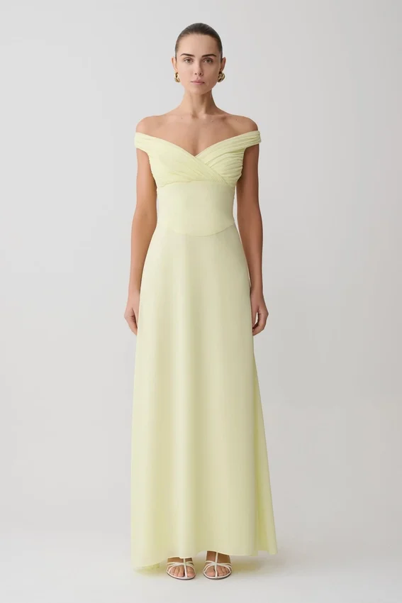 Mabel Off Shoulder Chiffon Maxi Dress – Lemon Mabel Off Shoulder Chiffon Maxi Dress – Lemon
