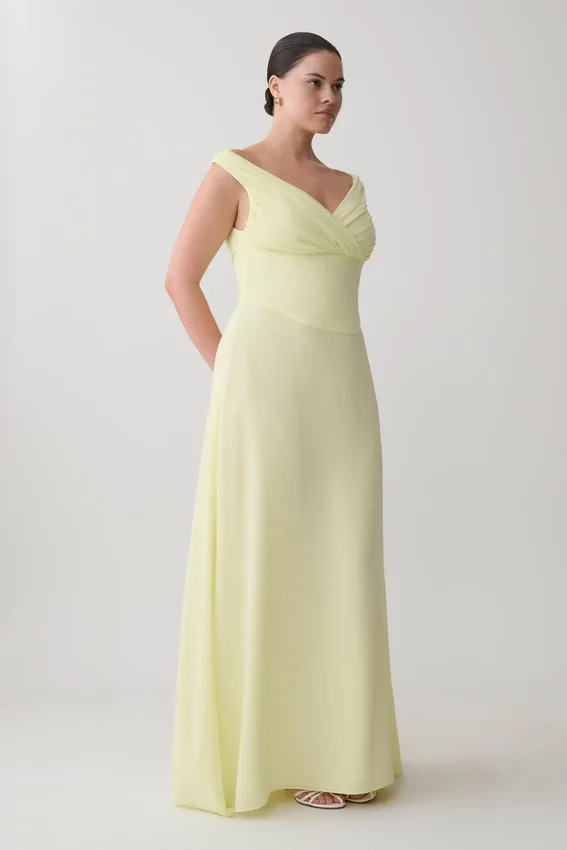Mabel Off Shoulder Chiffon Maxi Dress – Lemon Mabel Off Shoulder Chiffon Maxi Dress – Lemon