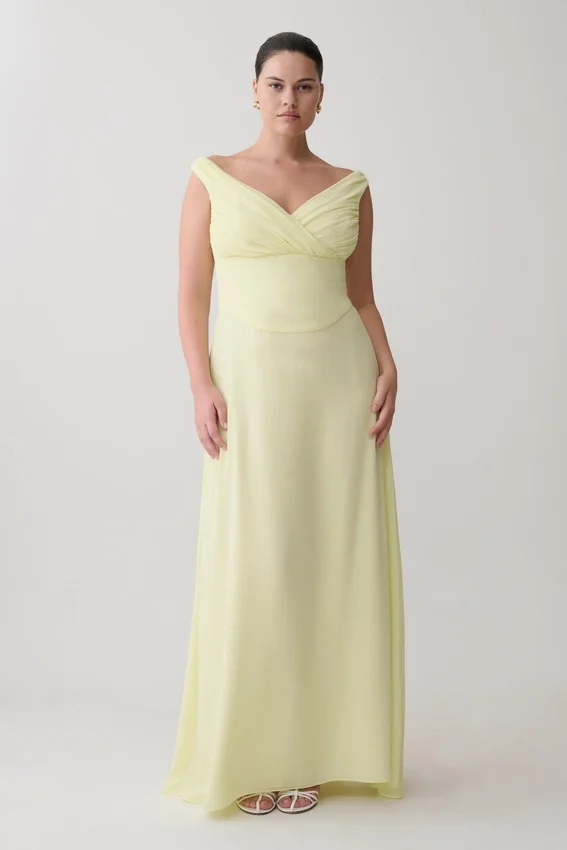 Mabel Off Shoulder Chiffon Maxi Dress – Lemon Mabel Off Shoulder Chiffon Maxi Dress – Lemon