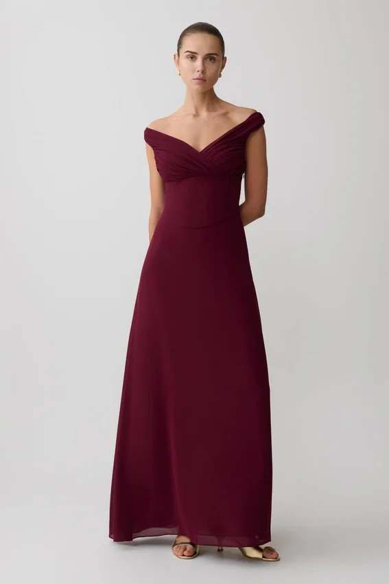 Mabel Off Shoulder Chiffon Maxi Dress – Merlot Mabel Off Shoulder Chiffon Maxi Dress – Merlot