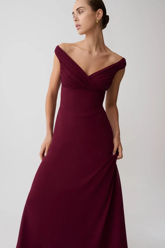 Mabel Off Shoulder Chiffon Maxi Dress – Merlot Mabel Off Shoulder Chiffon Maxi Dress – Merlot
