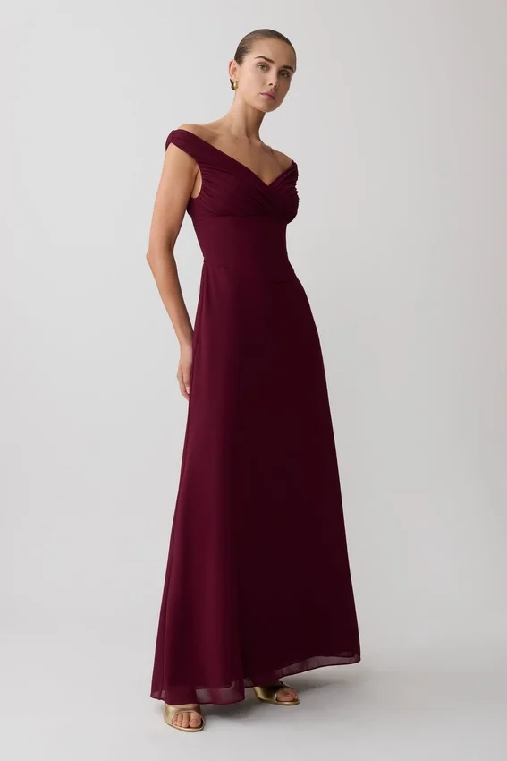 Mabel Off Shoulder Chiffon Maxi Dress – Merlot Mabel Off Shoulder Chiffon Maxi Dress – Merlot