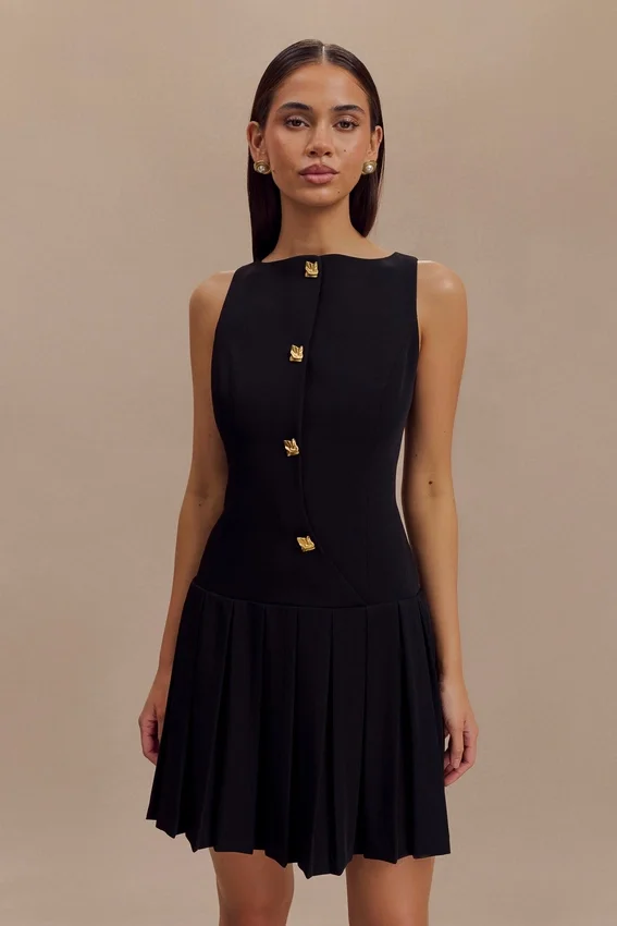 Mackenzie Sleeveless Pleated Mini Dress – Black Mackenzie Sleeveless Pleated Mini Dress – Black