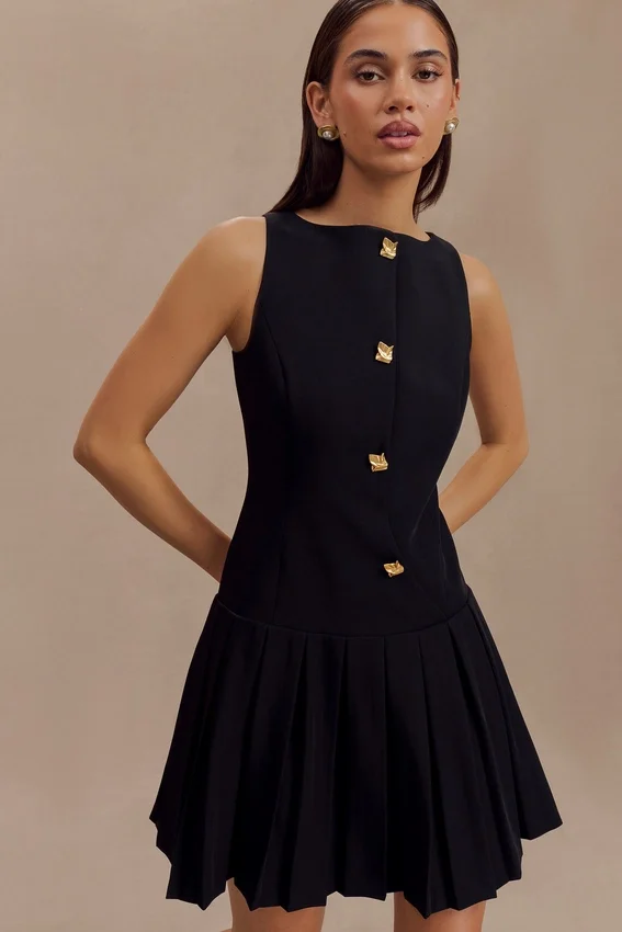 Mackenzie Sleeveless Pleated Mini Dress – Black Mackenzie Sleeveless Pleated Mini Dress – Black