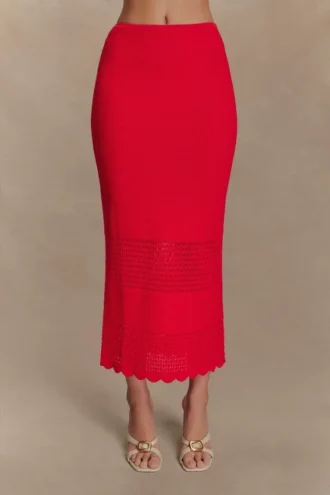 Madeline Scallop Knit Midi Skirt – Red