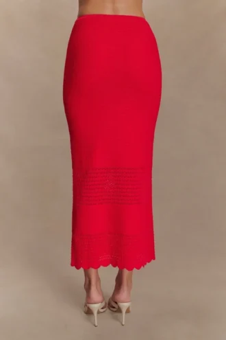 Madeline Scallop Knit Midi Skirt – Red