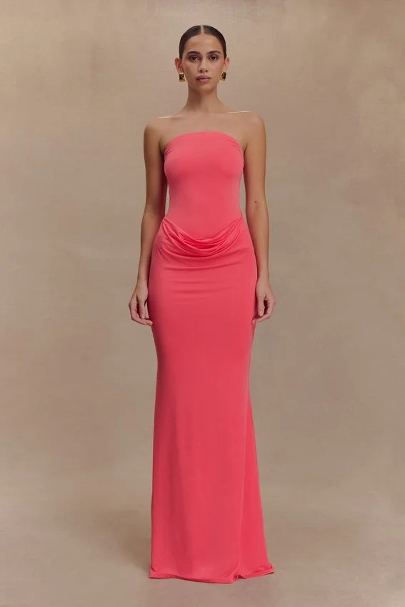 Madison Strapless Slinky Maxi Dress – Coral Madison Strapless Slinky Maxi Dress – Coral