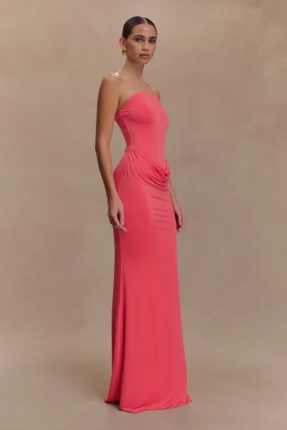 Madison Strapless Slinky Maxi Dress – Coral Madison Strapless Slinky Maxi Dress – Coral