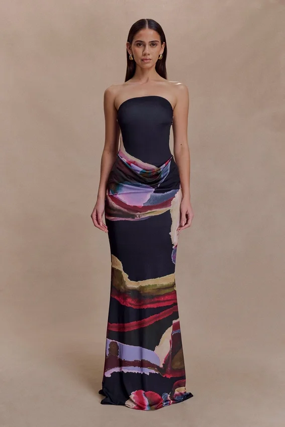 Madison Strapless Slinky Maxi Dress – Multi Fluid Reverie Print Madison Strapless Slinky Maxi Dress – Multi Fluid Reverie Print