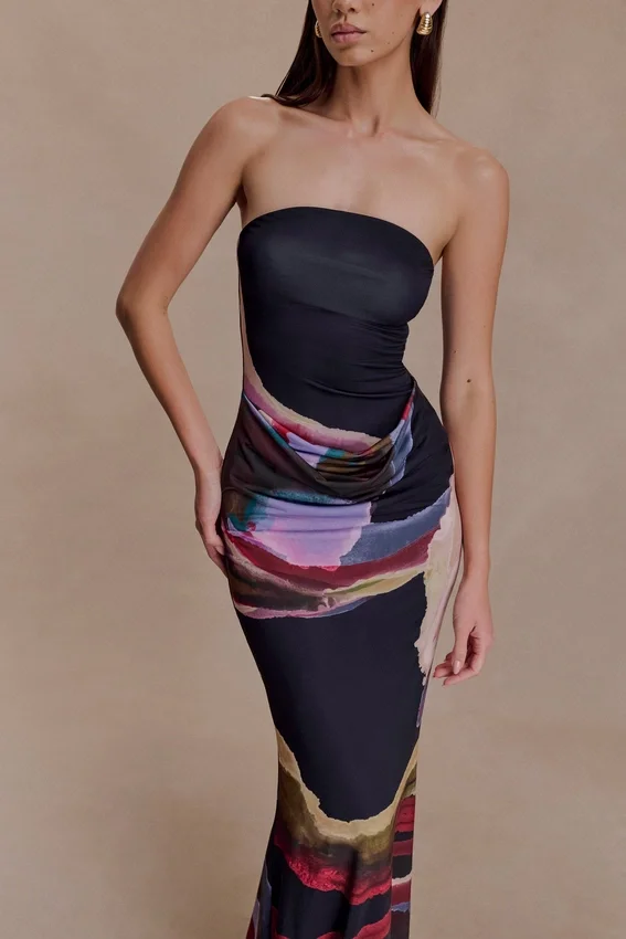 Madison Strapless Slinky Maxi Dress – Multi Fluid Reverie Print Madison Strapless Slinky Maxi Dress – Multi Fluid Reverie Print