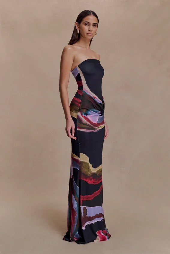 Madison Strapless Slinky Maxi Dress – Multi Fluid Reverie Print Madison Strapless Slinky Maxi Dress – Multi Fluid Reverie Print