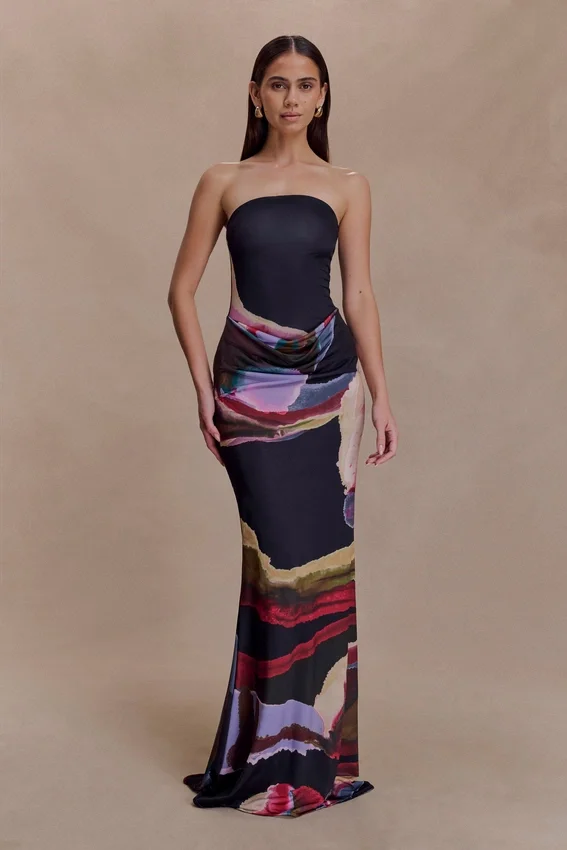 Madison Strapless Slinky Maxi Dress – Multi Fluid Reverie Print Madison Strapless Slinky Maxi Dress – Multi Fluid Reverie Print