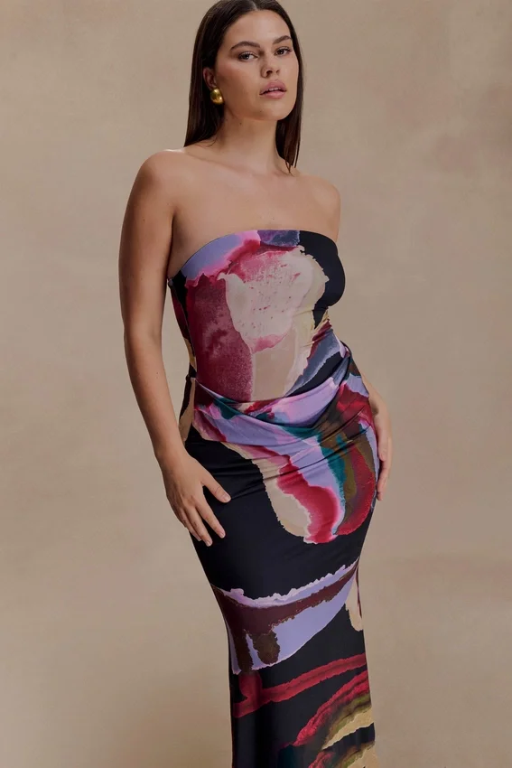 Madison Strapless Slinky Maxi Dress – Multi Fluid Reverie Print Madison Strapless Slinky Maxi Dress – Multi Fluid Reverie Print