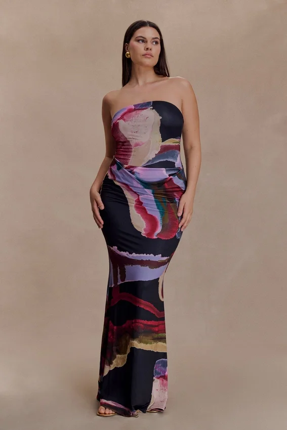 Madison Strapless Slinky Maxi Dress – Multi Fluid Reverie Print Madison Strapless Slinky Maxi Dress – Multi Fluid Reverie Print