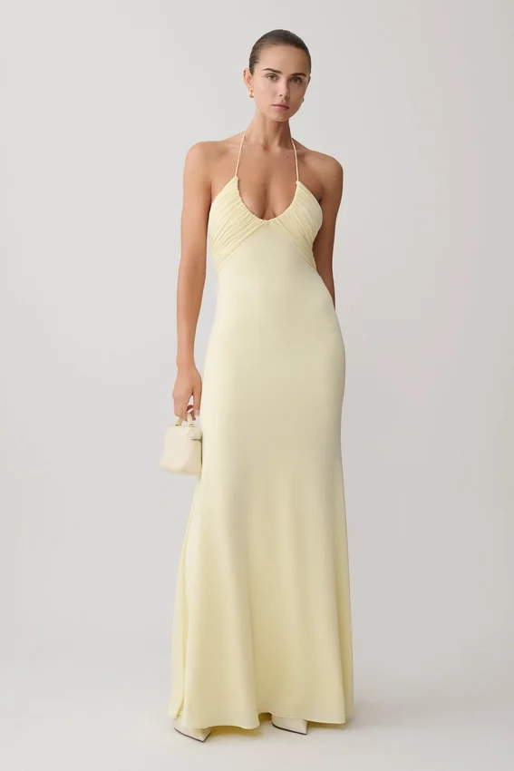 Maely Gathered Slinky Maxi Dress – Lemon Maely Gathered Slinky Maxi Dress – Lemon