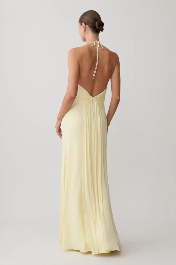 Maely Gathered Slinky Maxi Dress – Lemon Maely Gathered Slinky Maxi Dress – Lemon