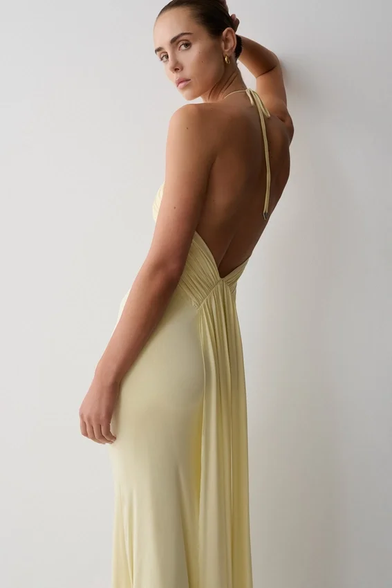 Maely Gathered Slinky Maxi Dress – Lemon Maely Gathered Slinky Maxi Dress – Lemon