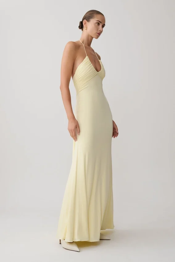 Maely Gathered Slinky Maxi Dress – Lemon Maely Gathered Slinky Maxi Dress – Lemon