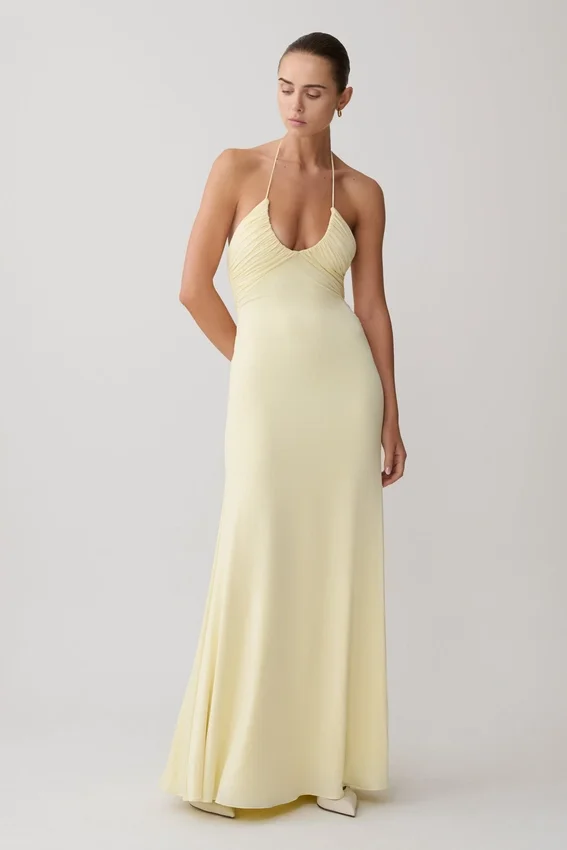 Maely Gathered Slinky Maxi Dress – Lemon Maely Gathered Slinky Maxi Dress – Lemon