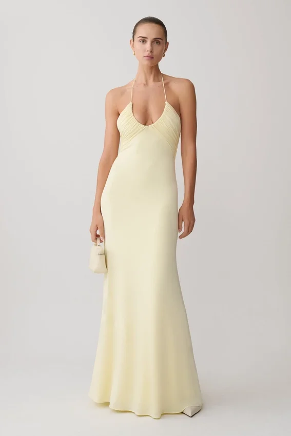 Maely Gathered Slinky Maxi Dress – Lemon Maely Gathered Slinky Maxi Dress – Lemon