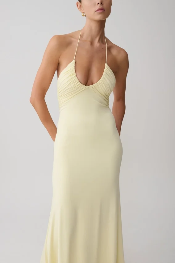 Maely Gathered Slinky Maxi Dress – Lemon Maely Gathered Slinky Maxi Dress – Lemon