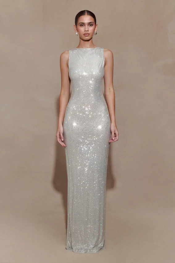 Magnolia Sleeveless Diamante Maxi Dress – Silver Magnolia Sleeveless Diamante Maxi Dress – Silver