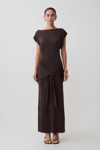 Maiara Shortsleeve Slinky Tie Maxi Dress – Chocolate