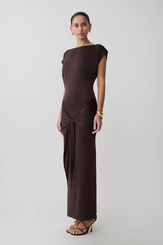 Maiara Shortsleeve Slinky Tie Maxi Dress – Chocolate Maiara Shortsleeve Slinky Tie Maxi Dress – Chocolate