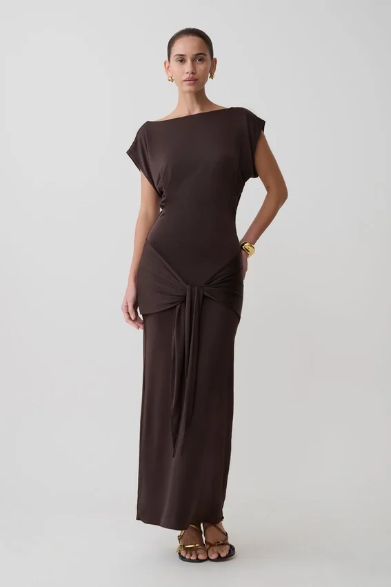 Maiara Shortsleeve Slinky Tie Maxi Dress – Chocolate Maiara Shortsleeve Slinky Tie Maxi Dress – Chocolate
