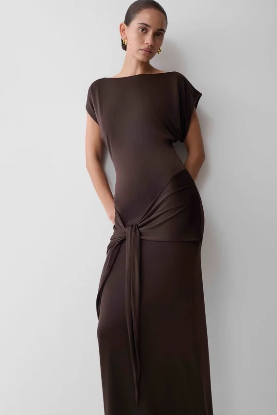 Maiara Shortsleeve Slinky Tie Maxi Dress – Chocolate Maiara Shortsleeve Slinky Tie Maxi Dress – Chocolate